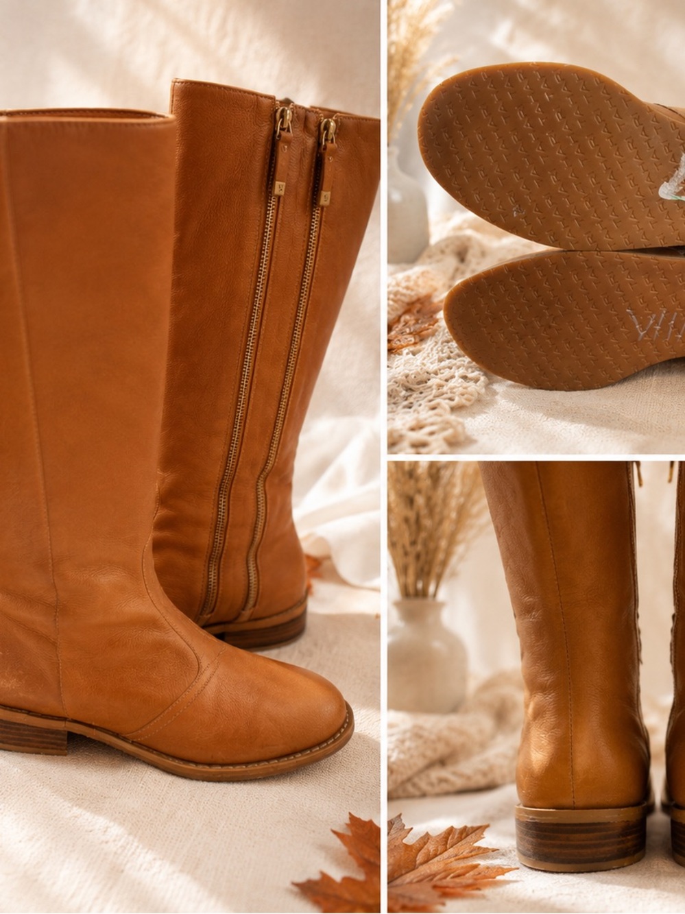 Tahari Cognac Leather Knee-High Riding Boots - Picture 3 of 6